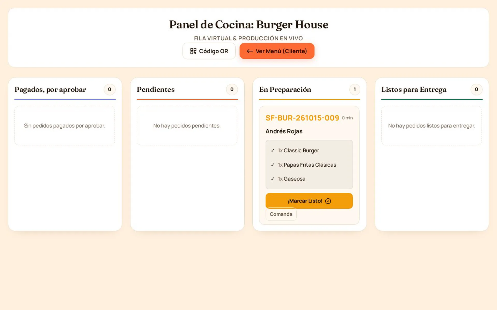 Pantalla de cocina de SinFila con un pedido en preparación