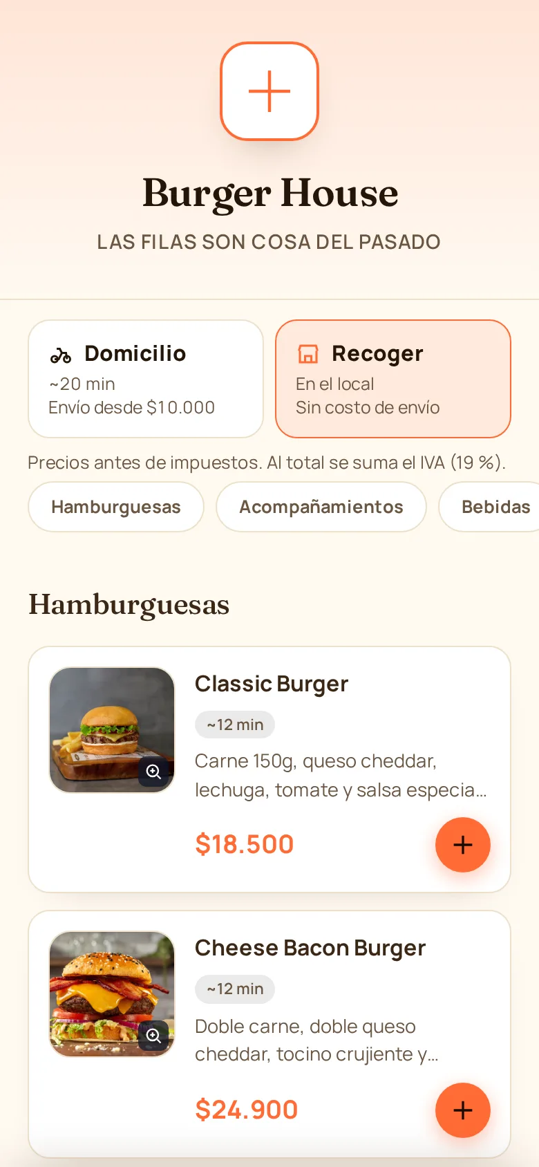 Menú de Burger House abierto en el celular del cliente después de escanear el QR