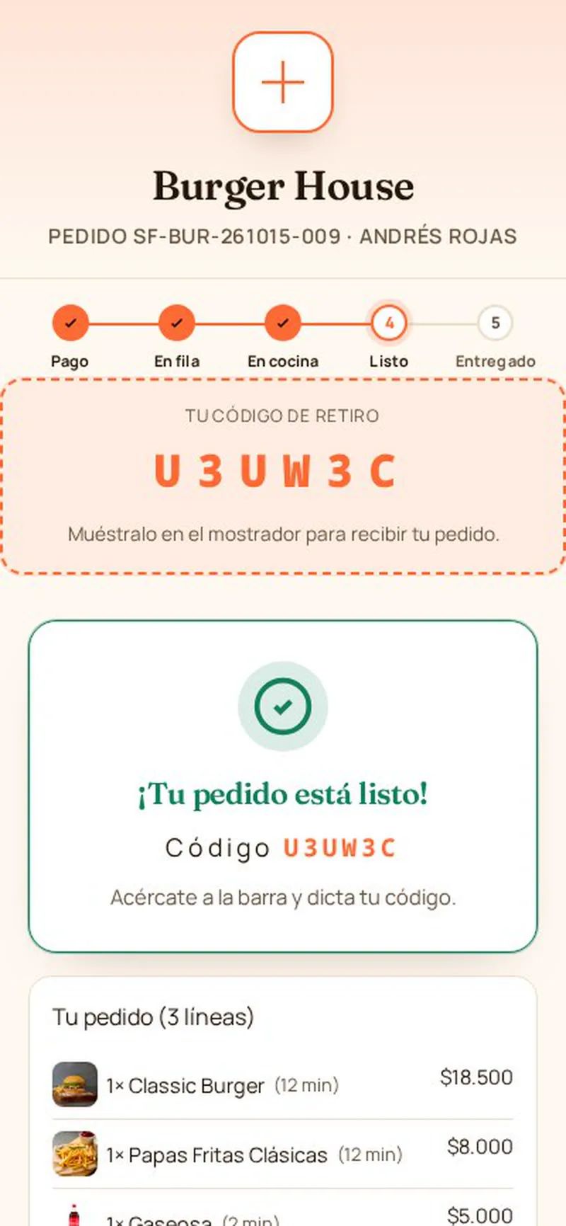 Celular del cliente mostrando que su pedido está listo y su código de retiro